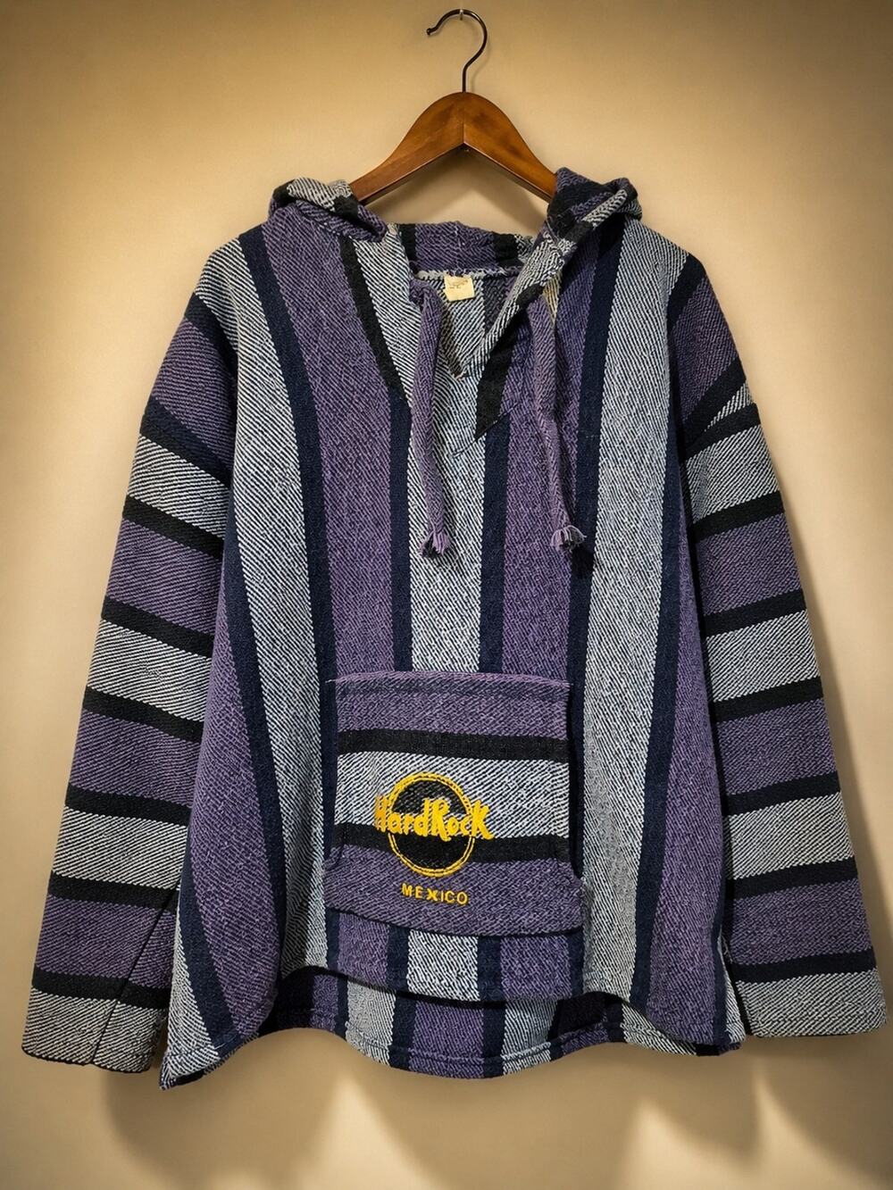 Vintage Hard Rock Cafe Mexico Baja Hoodie XL Drug Rug Poncho 100% Cotton Woven
